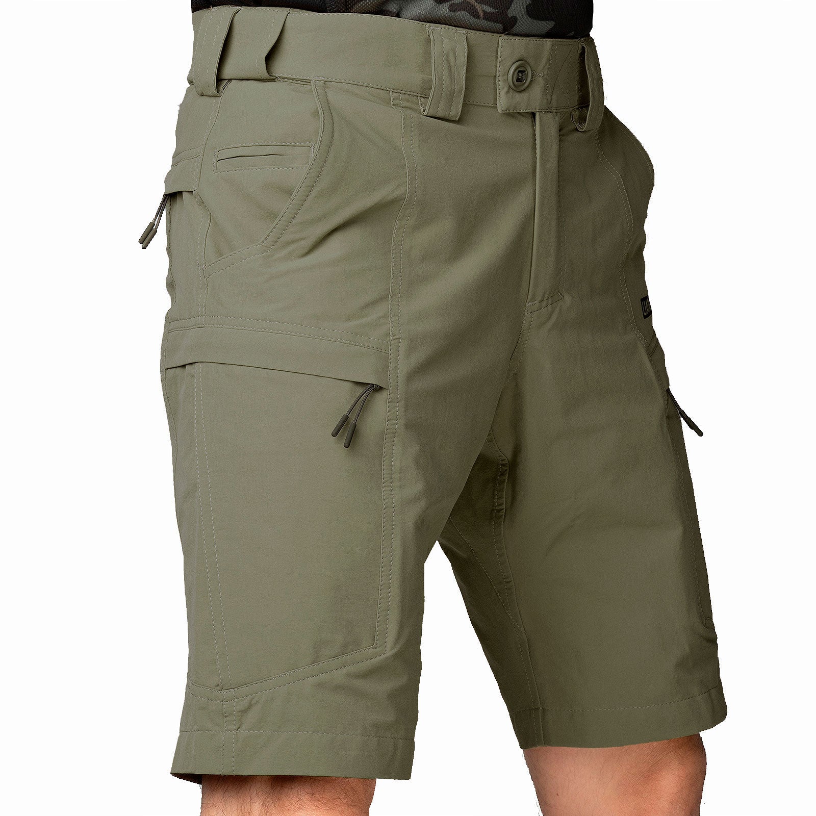 UATAC Ultralite tactical shorts in Olive, front view, cargo pockets and elastic waistband